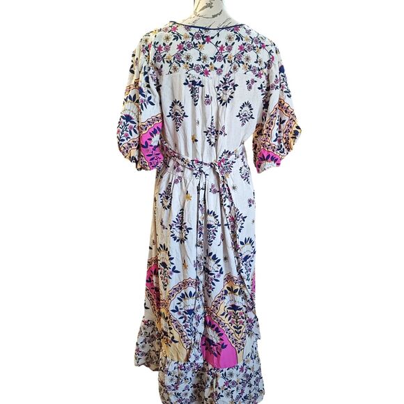Figueroa & Flower Printed V-Neck Puff Sleeve Midi Dress Size Large Linen Blend - Picture 3 of 5